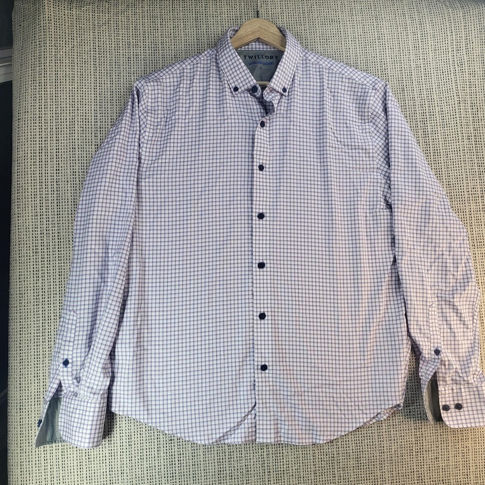 Twillory Shirt Mens Large Purple Blue Check Button Down Long Sleeve Untuckable‎